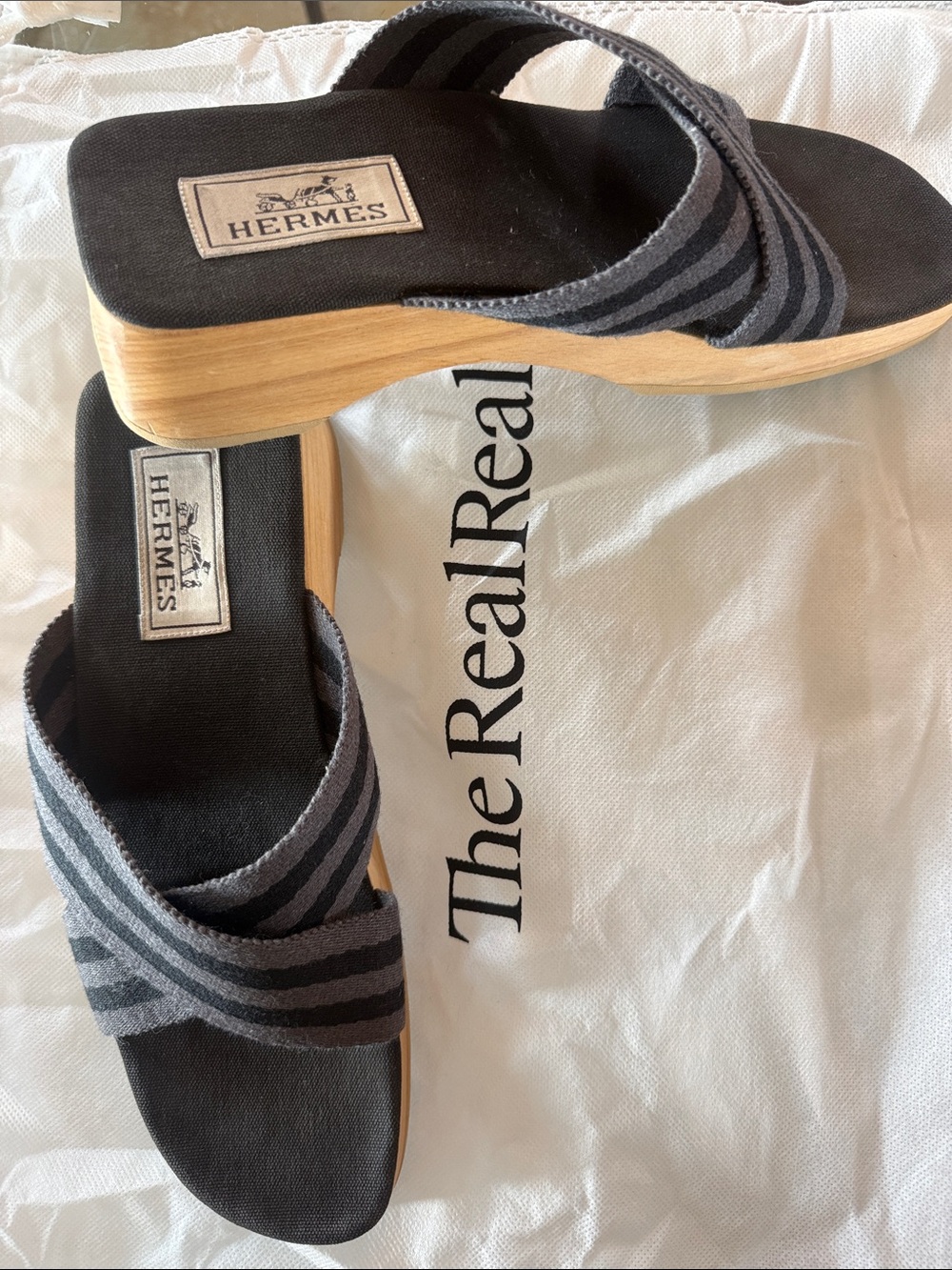Hermes Black and Gray Striped Wooden Platform Slides